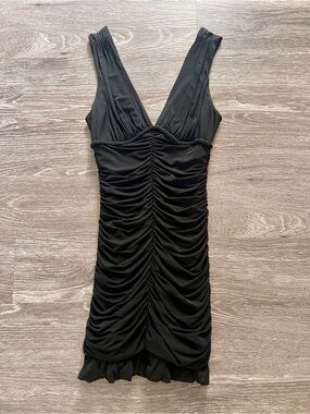 BCBGMaxAzria Black Ruched V-Neck Mini Dress